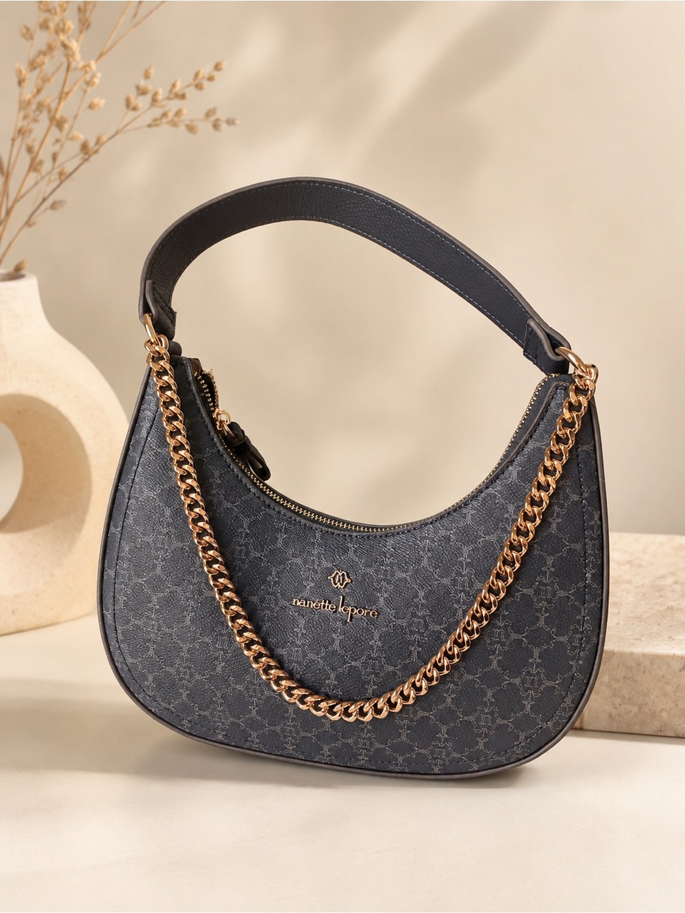 Nanette Lepore Black Monogram Shoulder Bag with Gold Hardware